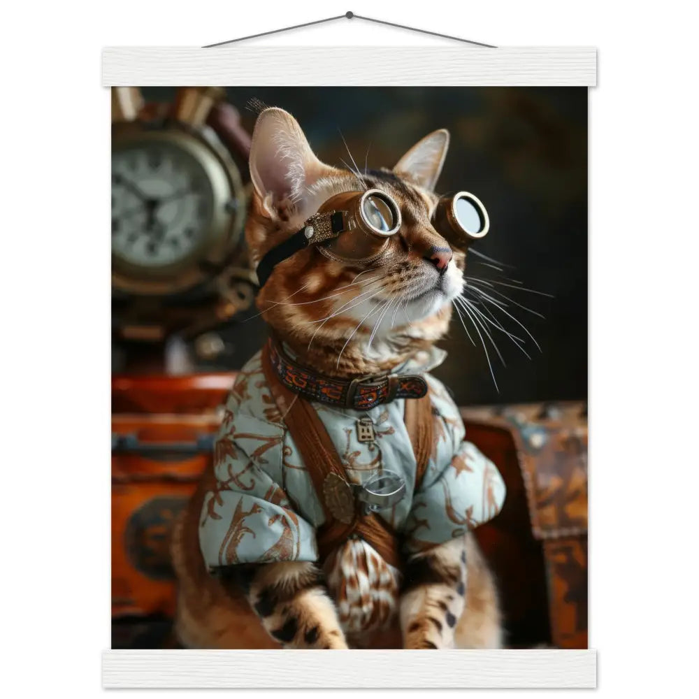 Schulposter - Steampunk-Vintage Bengal Katzenmotiv, mattes FSC-Papier, magnetische Holzleisten | St Tropez Art