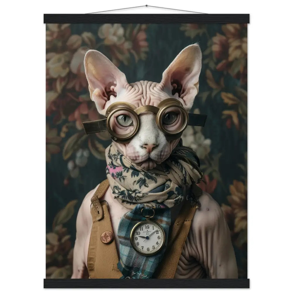 School Poster - Female Sphynx Cat, Steampunk Style, Classic Silver Watch, Bronze Glasses | St Tropez Art