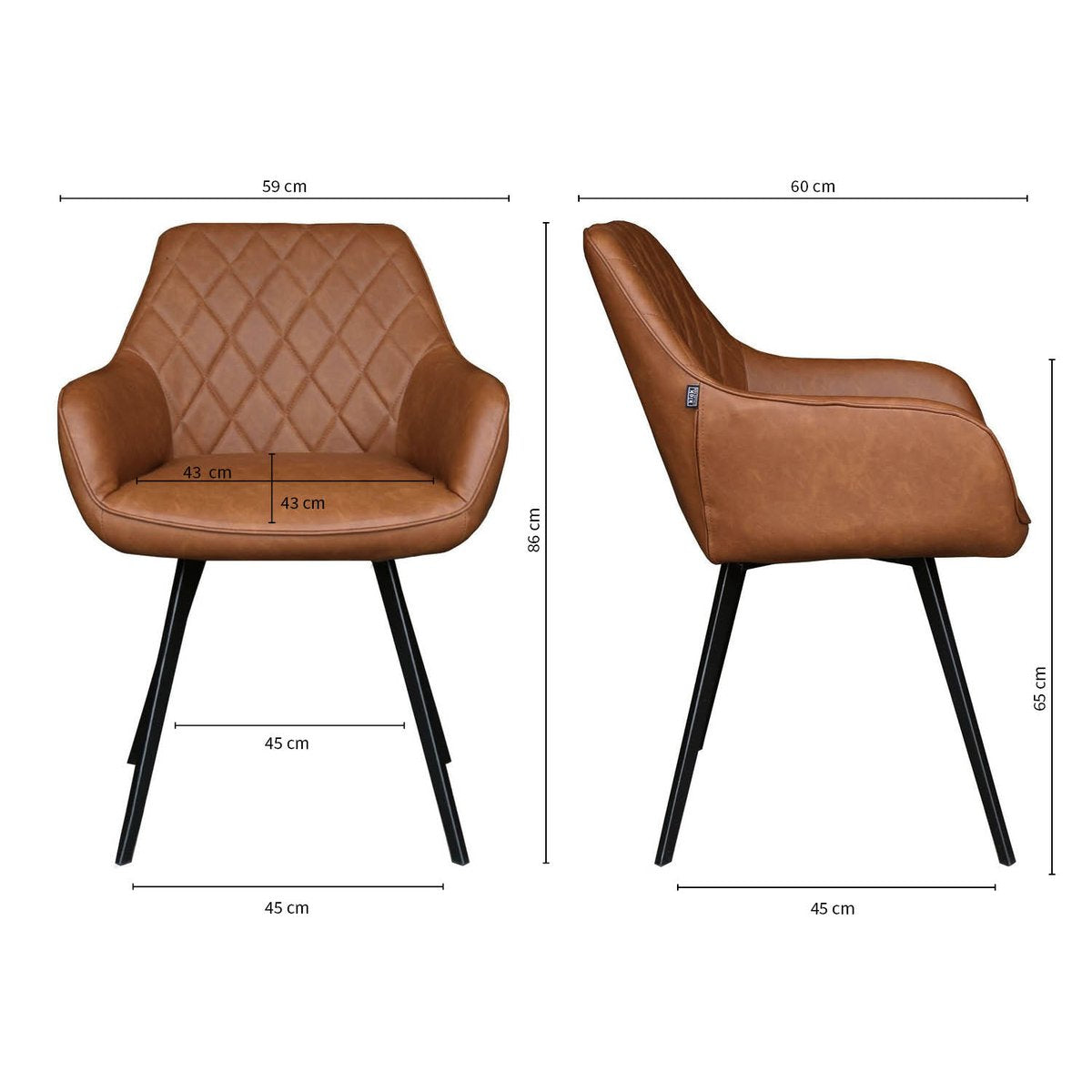 Esszimmerstuhl – Cognac PU-Leder, Schwarzes Metall, Federnder Sitz - Karl | Kick Collection