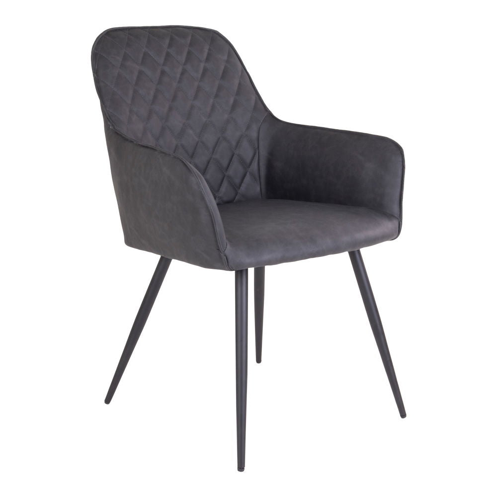 Esszimmerstuhl – Dunkelgraues PU Leder, Schwarzes Metallgestell, Ergonomische Sitzform - Harbo | House Nordic