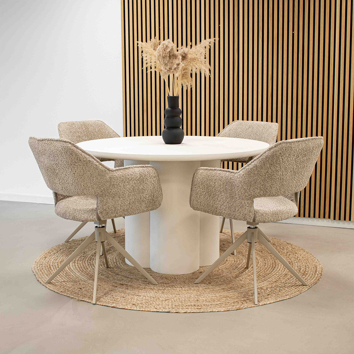 Drehstuhl – Bouclé Stoff, Taupe Metallgestell, Beige Farbe - Owen | Kick Collection