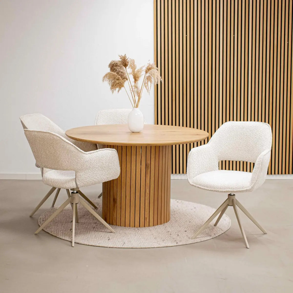 Drehstuhl – Bouclé Stoff, Taupe Metallgestell, Creme Farbe - Owen | Kick Collection