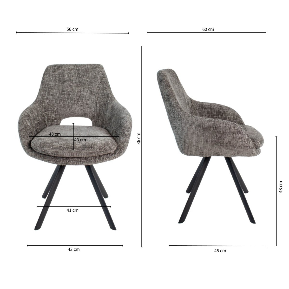 Esszimmerstuhl – Dunkelgrauer Chenille, Schwarzes Metallgestell, Offene Rückenlehne - Jorn | Kick Collection