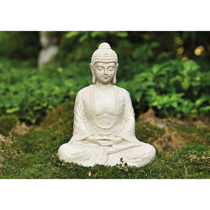 Buddha-Statue aus Poly in Beige mit matter Optik, detailreicher Skulptur-Form & freistehendem Standdesign | Wurm