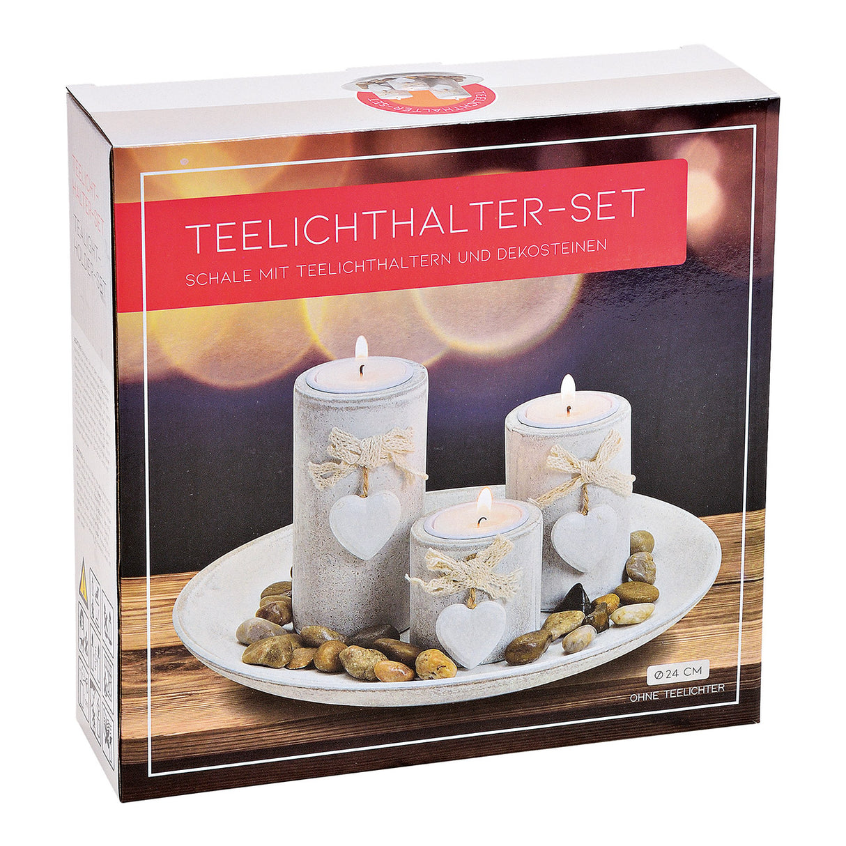 Teelichthalter 3-fach Holz-Set mit Herz-Anhänger & Dekosteinen, Weiß, Romantisches Design | Wurm