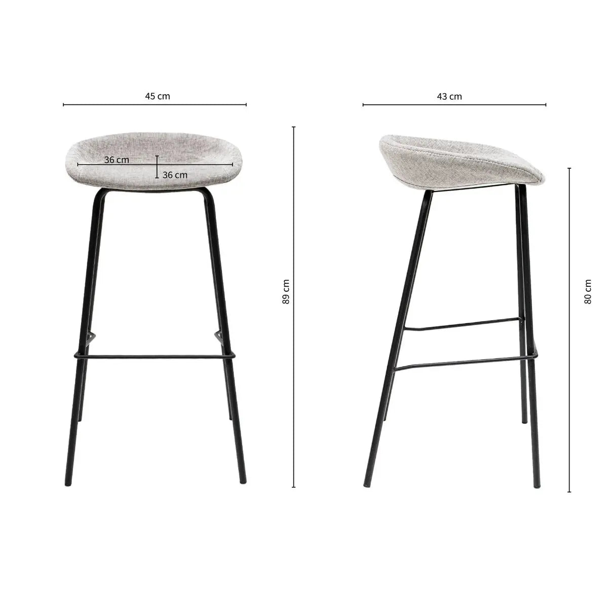 Barhocker – Strukturstoff Bezug, Schwarzes Metallgestell, Graue Farbe, 80 cm Höhe - Riga | Kick Collection