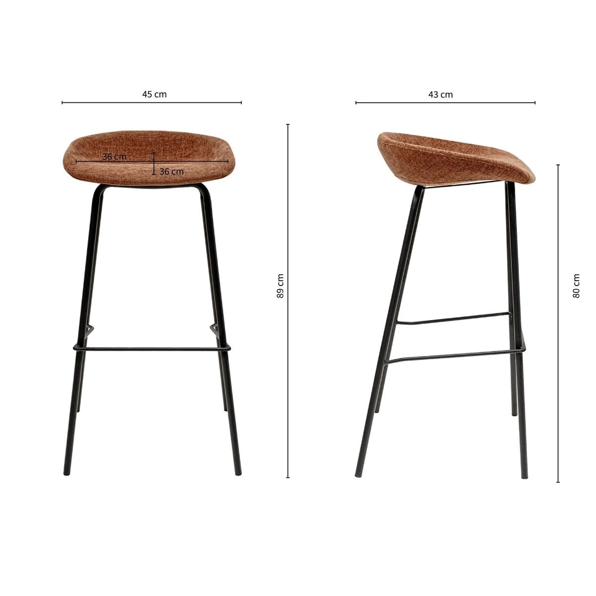 Barhocker – Strukturstoff Bezug, Schwarzes Metallgestell, Terra Farbe, 80 cm Höhe - Riga | Kick Collection
