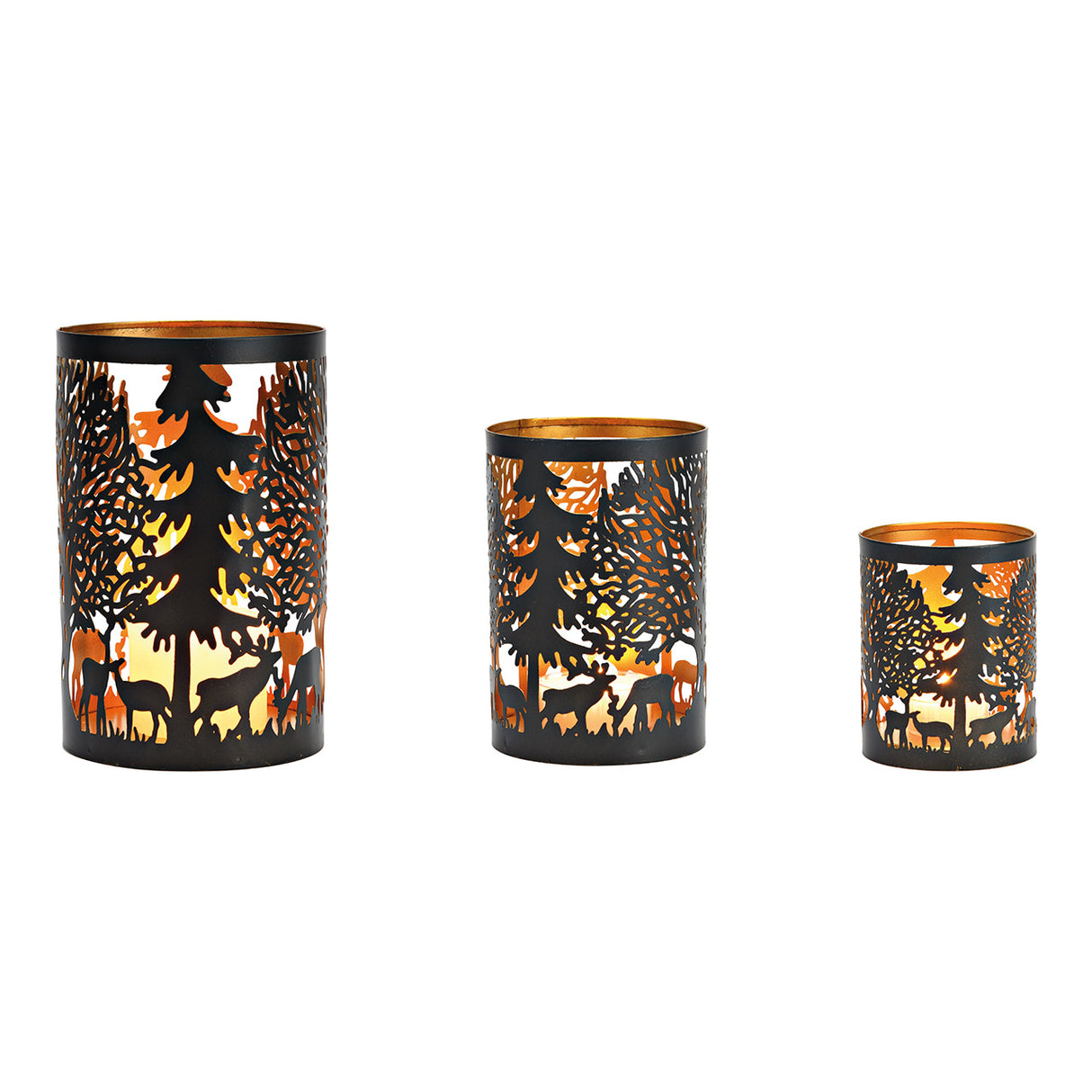 Windlicht-Set mit schwarzem & goldfarbenem Metall Winterszenen-Motiven & 3 Größen | Wurm