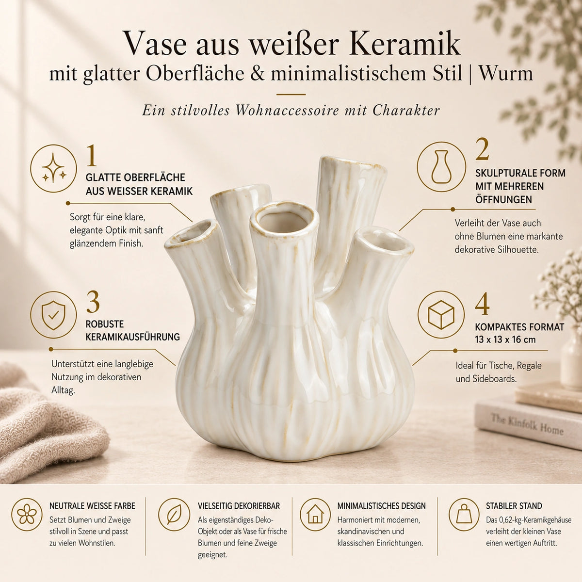 Vase made of white ceramic with a smooth surface & minimalist style | Worm