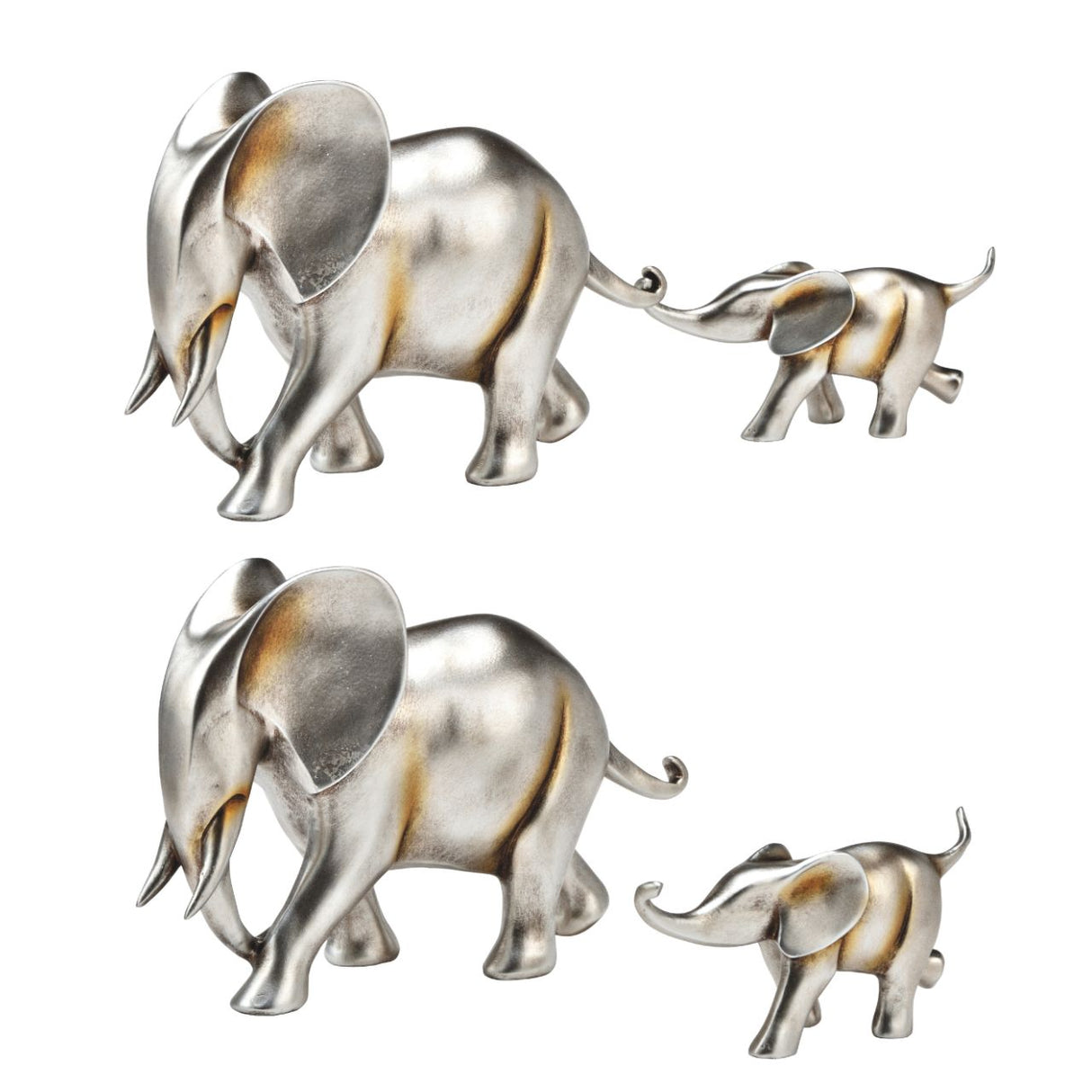 Dekofigur aus Poly, 2er-Set, Silberfarbenes Finish, Mutter-Kind-Design – Elefant Mutter & Kind | Wurm