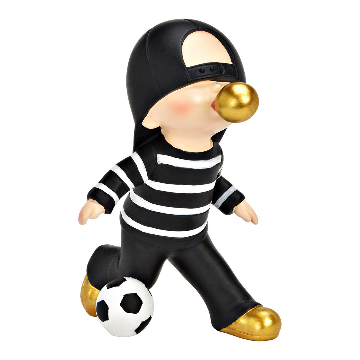 Dekofigur Junge mit Kaugummiblase & Fußball aus Poly in Schwarz mit Skulptur | Wurm