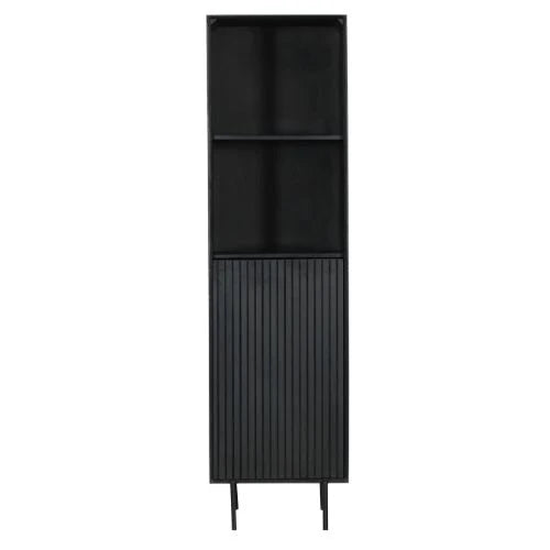 Bücherregal - Schwarzes Mangoholz, Vertikale Lamellenfront, Schwarzes Metallgestell, 55 cm – Madison | Starfurn