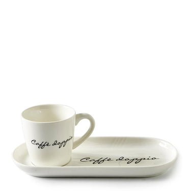 Tassen - und Untertassen - Set aus Porzellan mit Text, 85 ml, 2 Stück – Caffè Solo 2 - teilig | Rivièra Maison - Esszett Luxury | Stilvolles Wohnen mit Charakter