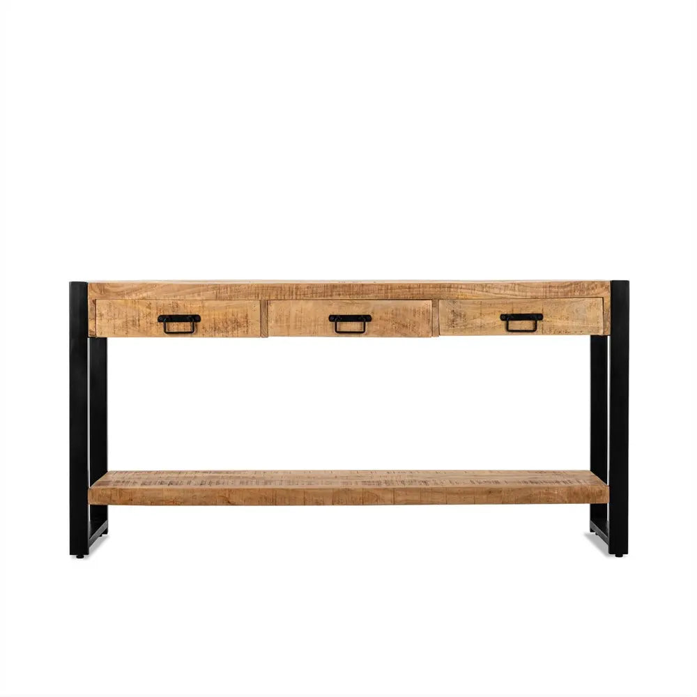 Side Table – Mango Wood, Metal Frame, 3 Drawers - Britt | Benoa