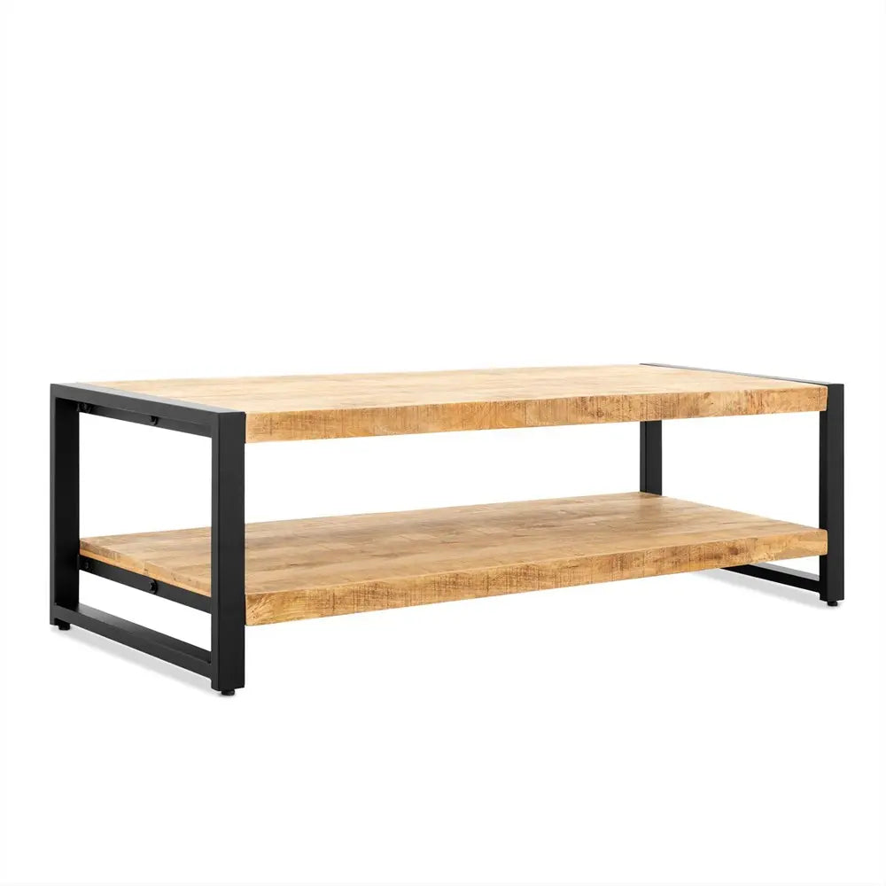 Couchtisch – Natürliches Mangoholz, Schwarzer Stahl, Untere Ablage, 140 cm - Britt | Benoa