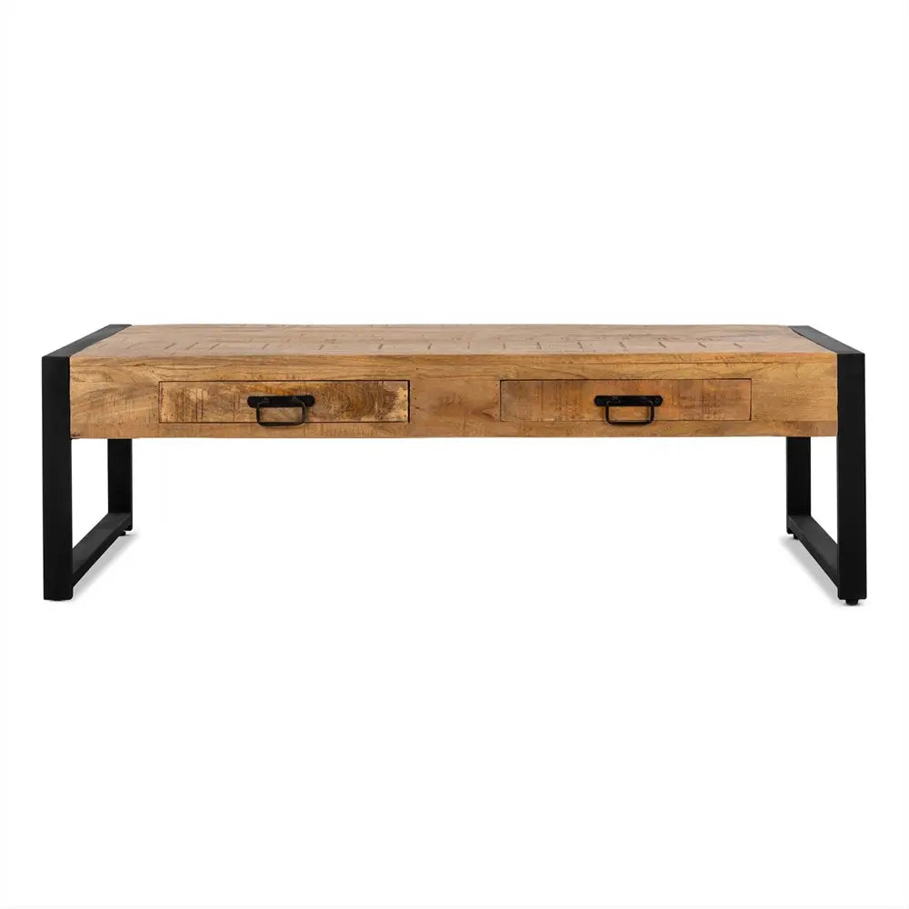 Couchtisch – Natürliches Mangoholz, Schwarzer Stahl, Praktische Schubladen, 140 cm - Britt | Benoa
