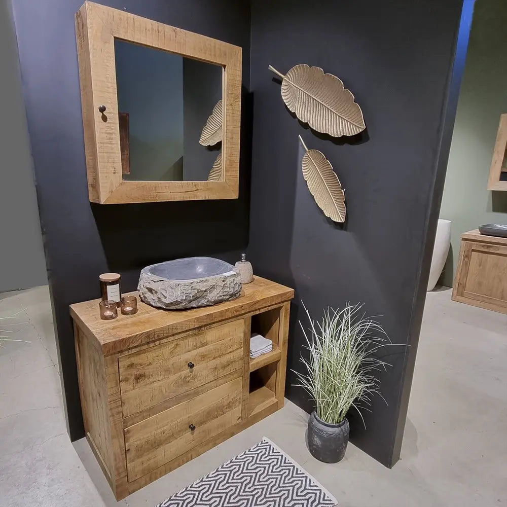 Badezimmerschrank – Massives Mangoholz, Verspiegelte Tür, Verdeckter Stauraum, 80 cm - Benoa | Benoa
