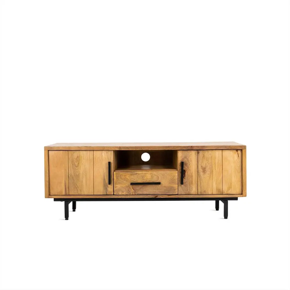 TV Unit – Mango Wood Top, Metal Frame, 2 Doors & 1 Drawer – Jayden | Benoa