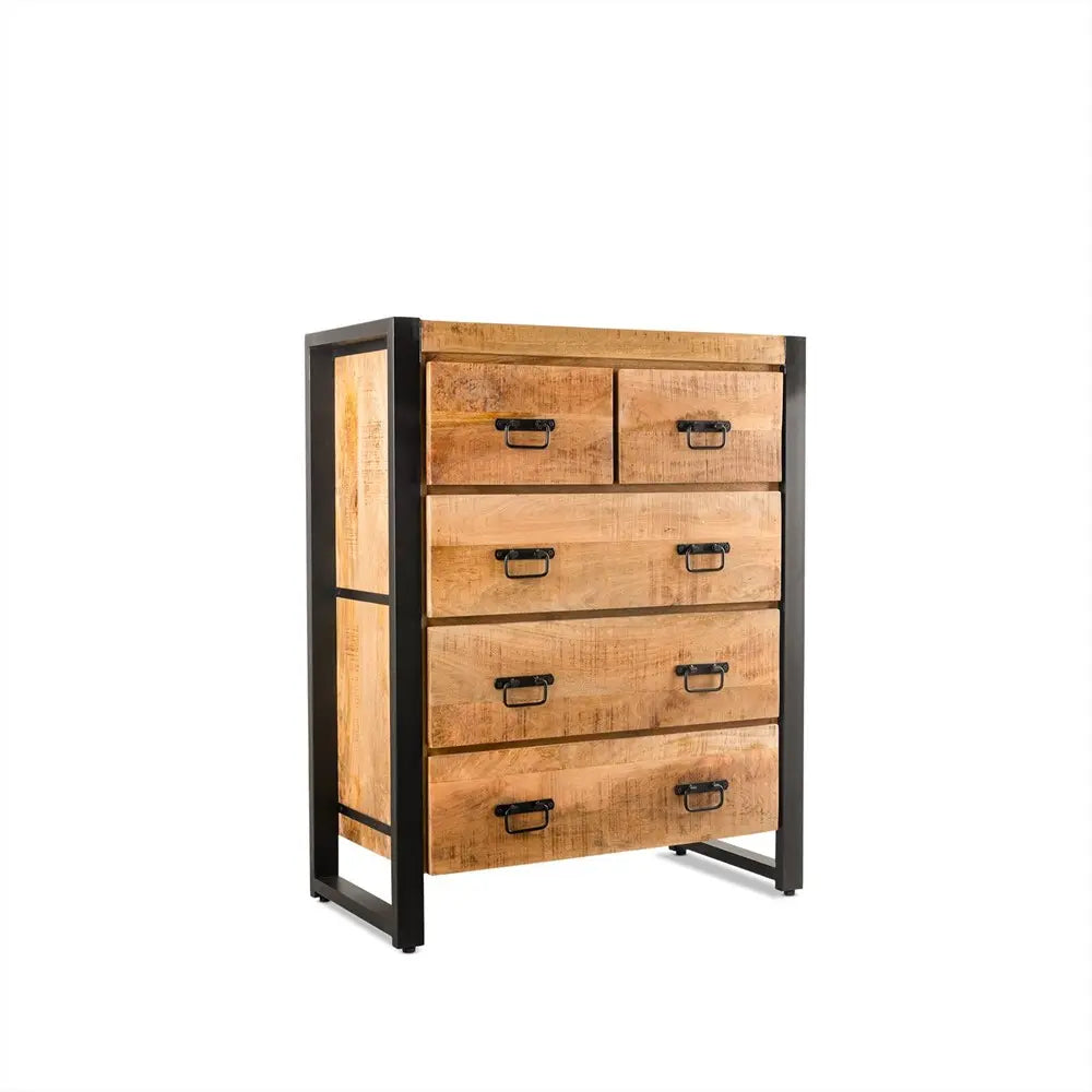 Kommode – Natürliches Mangoholz, Schwarzes Stahlgestell, Praktische Schubladen, 105 cm - Britt | Benoa