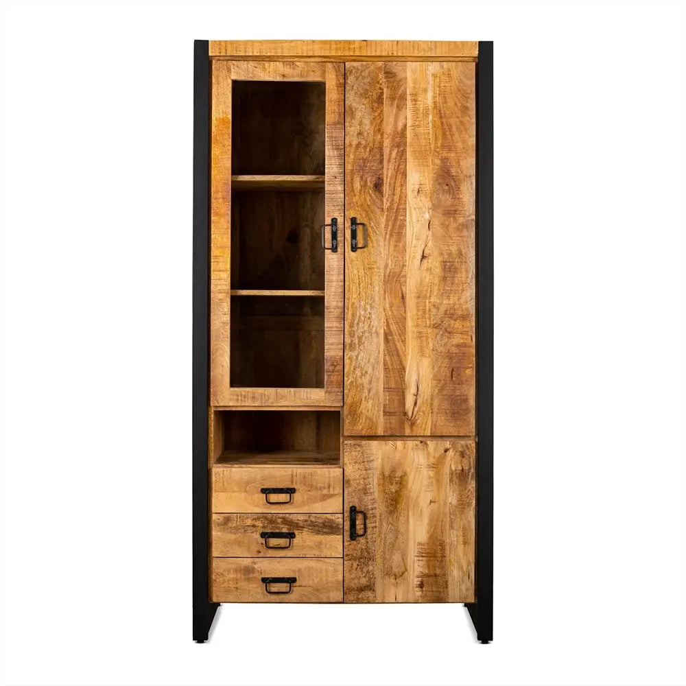Vitrine – Natürliches Mangoholz, Schwarzes Stahlgestell, Linke Glastür, 100 cm - Britt | Benoa