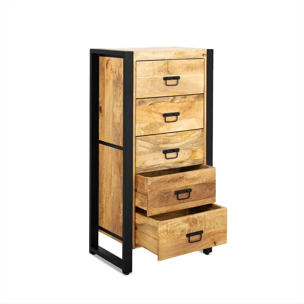Kommode – Natürliches Mangoholz, Schwarzes Stahlgestell, Praktische Schubladen, 60 cm - Britt | Benoa