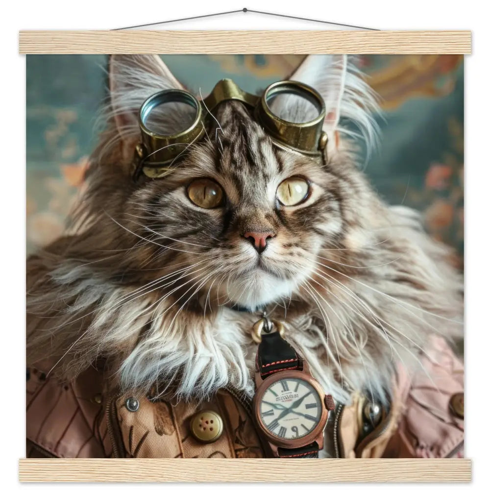 Schulposter – Maine-Coon-Katze Motiv, Steampunk-Kunstmotiv, Magnetische Holzaufhängung | St Tropez Art