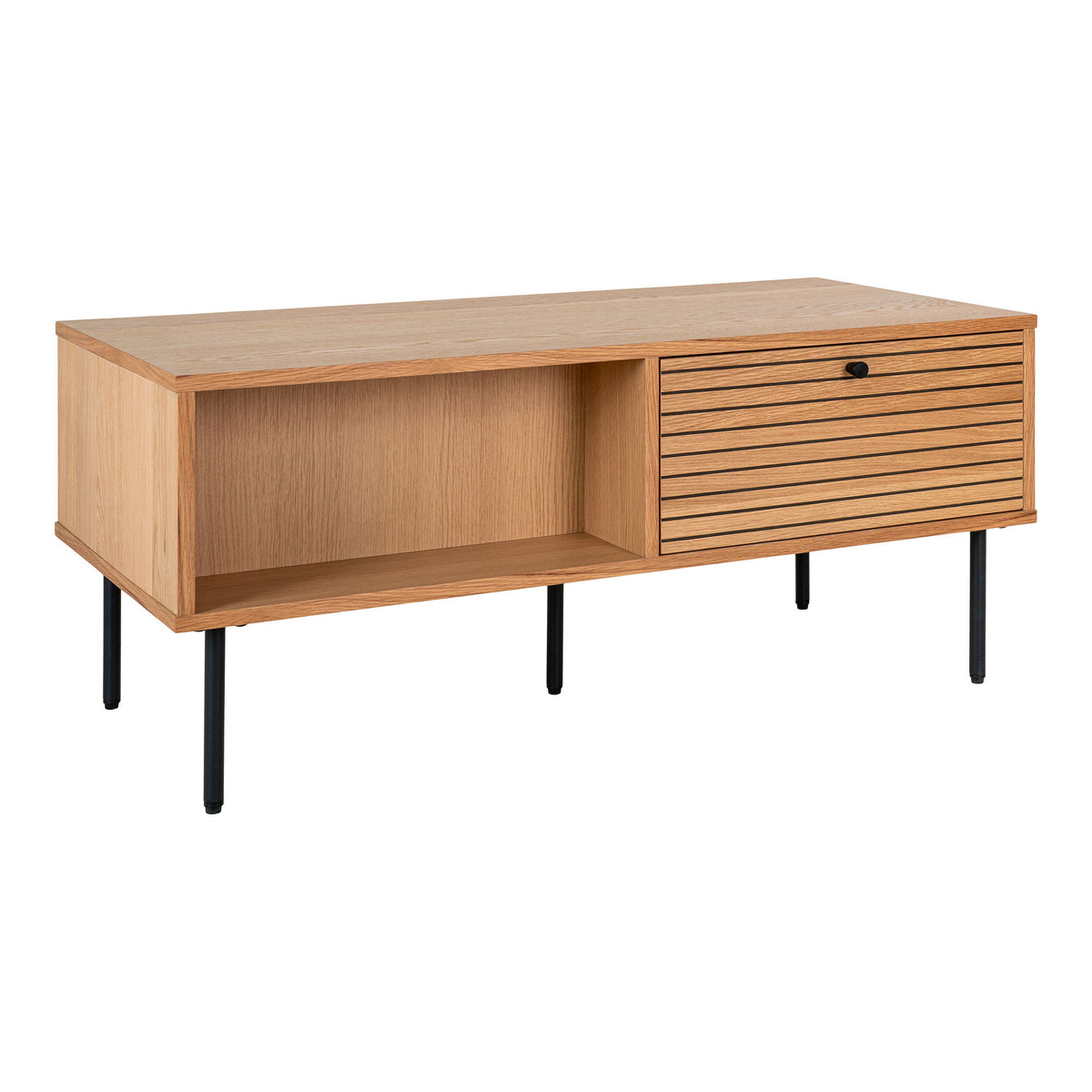 Coffee Table – Oak Veneer, Two Drawers, Black Metal – Kyoto | House Nordic