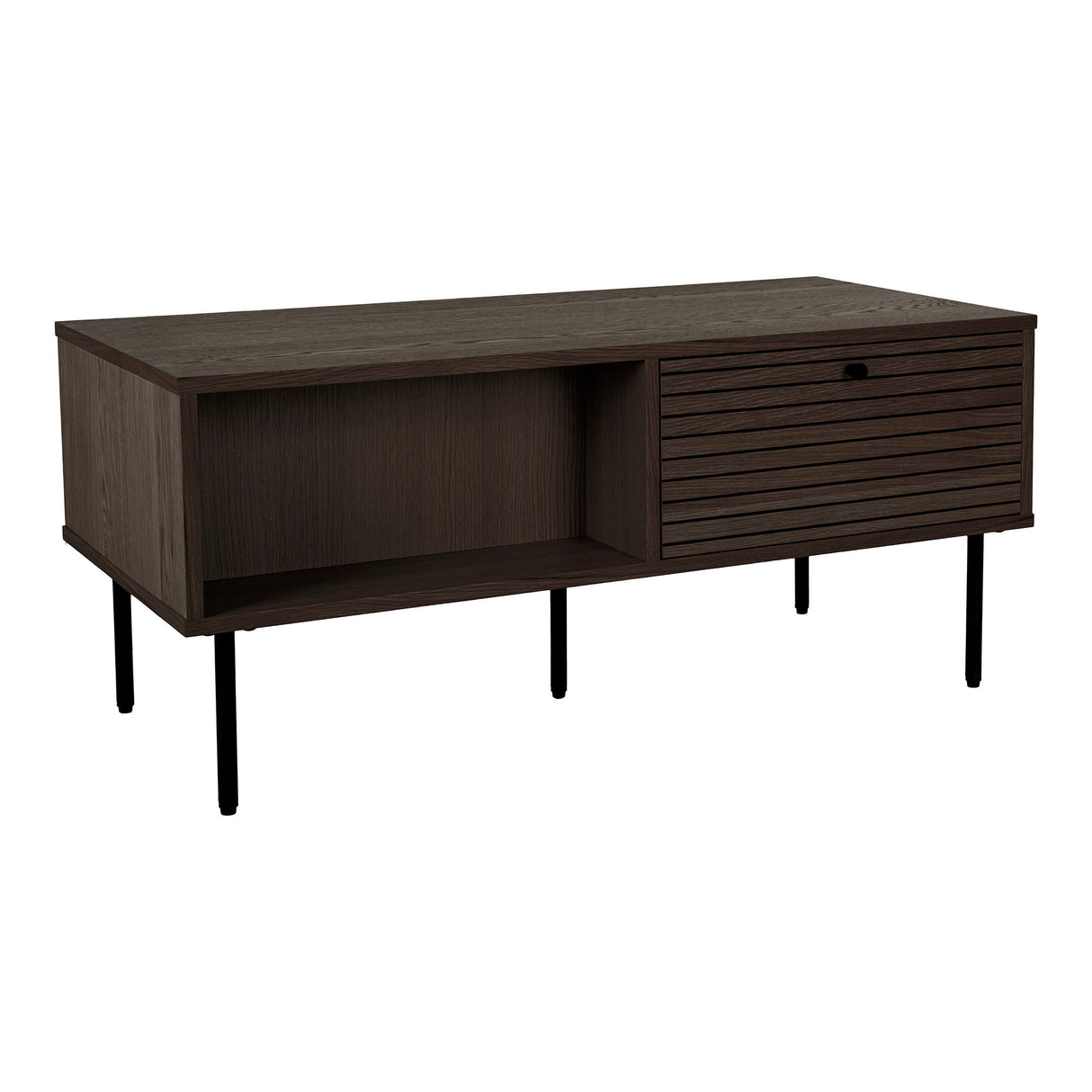 Coffee table – oak veneer, smoked wood look, metal legs with drawers – Kyoto | House Nordic