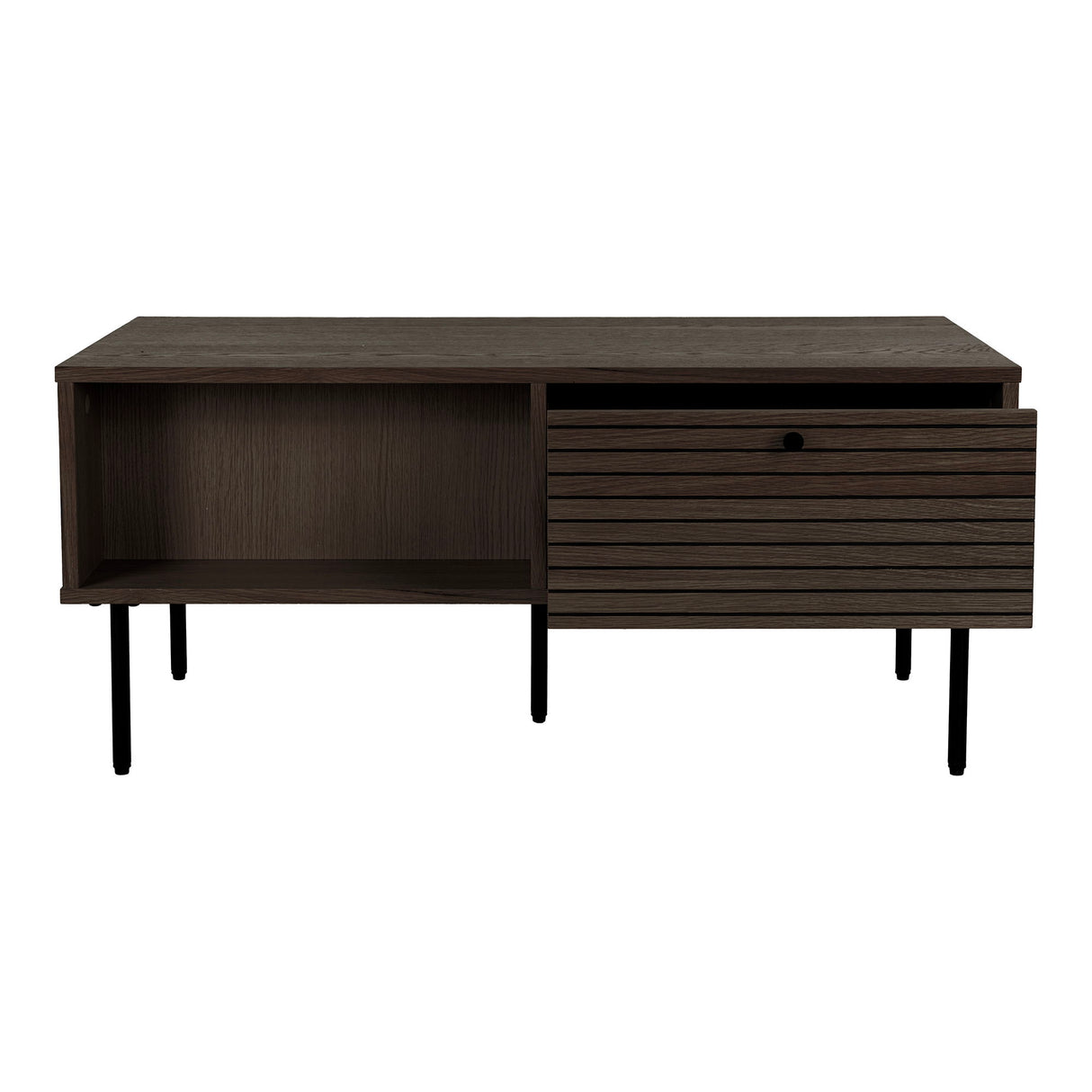 Coffee table – oak veneer, smoked wood look, metal legs with drawers – Kyoto | House Nordic