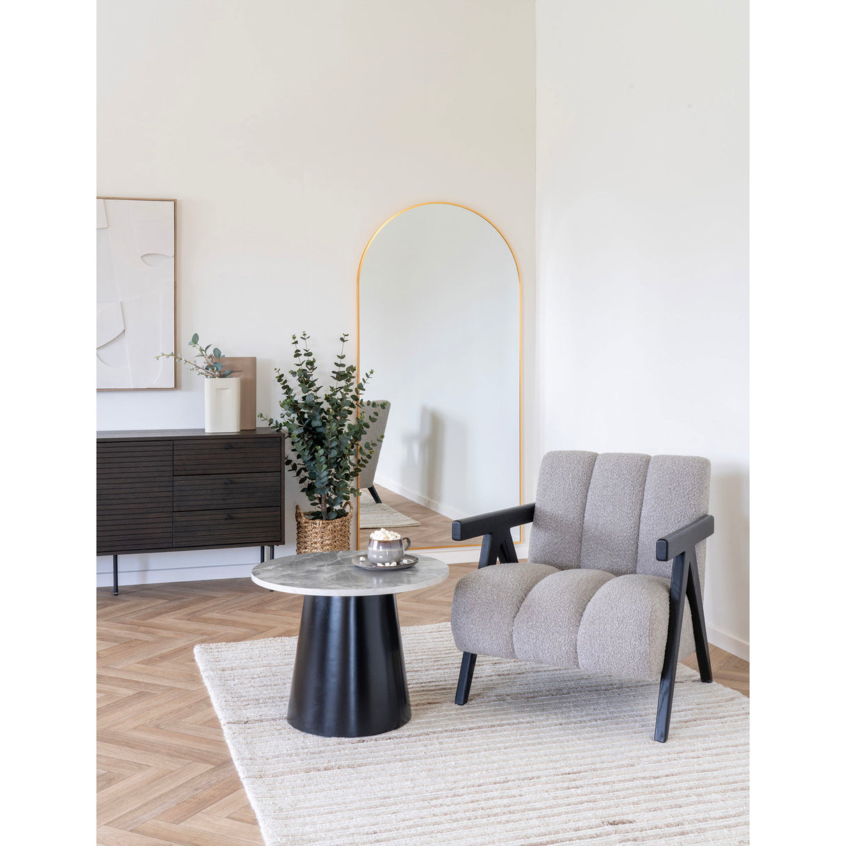 Coffee table - Grey-black marble look, black metal frame, round shape - Brito | House Nordic