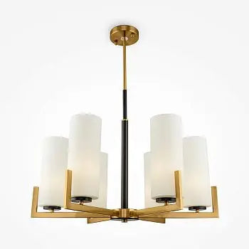 Fortano | Maytoni - Chandelier Metal in Black and Brass, Six White Cylindrical Glass Shades, E27 Sockets