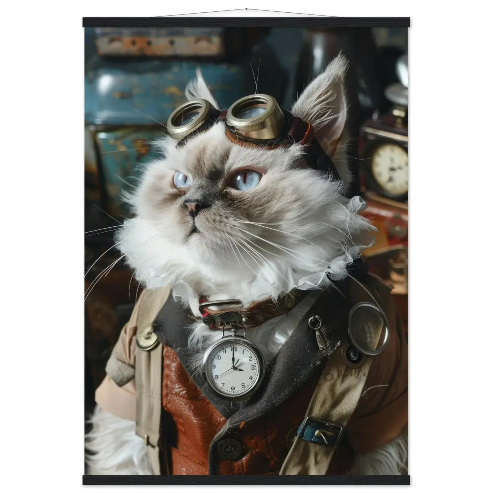 Schoolposter - männliche LaPerm Katze, Steampunk-Outfit, mattes Papier, Magnet-Holzleisten | St Tropez Art
