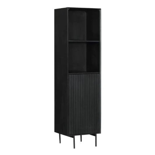 Bücherregal - Schwarzes Mangoholz, Vertikale Lamellenfront, Schwarzes Metallgestell, 55 cm – Madison | Starfurn