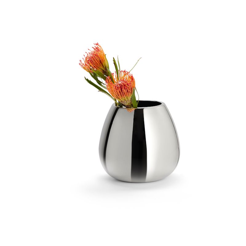 Vase aus verchromtem Metall, Robuste Schwerfuß-Konstruktion, Modernes bauchiges Design – Anais | Philippi