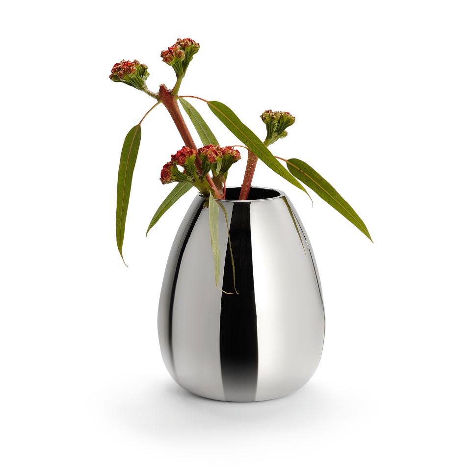 Vase aus verchromtem Metall, Robuste Schwerfuß-Konstruktion, Modernes bauchiges Design – Anais | Philippi