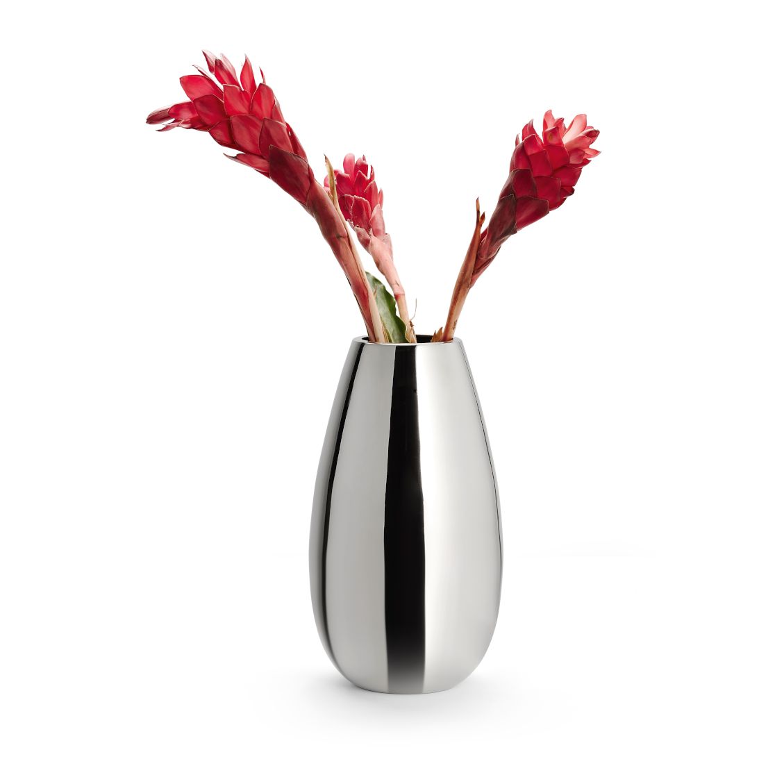 Vase aus verchromtem Metall, Robuste Schwerfuß-Konstruktion, Modernes bauchiges Design – Anais | Philippi