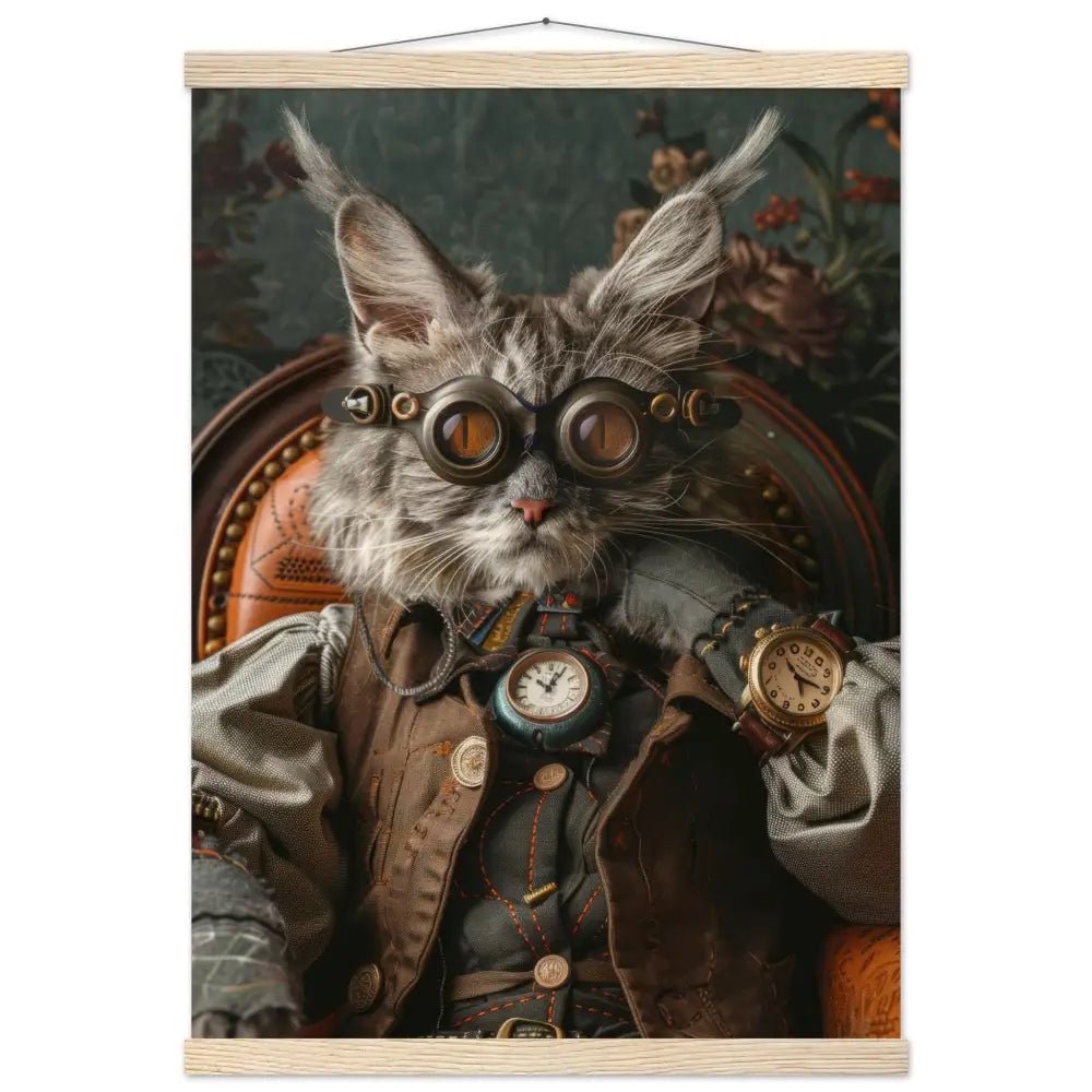 Schulposter - Weibliche Lykoi-Katze, Steampunk-Stil, kupferfarbene Uhr, bronzefarbene Brille | St Tropez Art