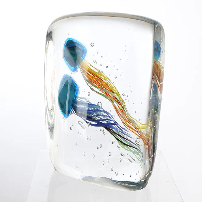 Briefbeschwerer – Blaue Qualle, Klares Glas, Orange Akzente - Funny Medusa| Gilde