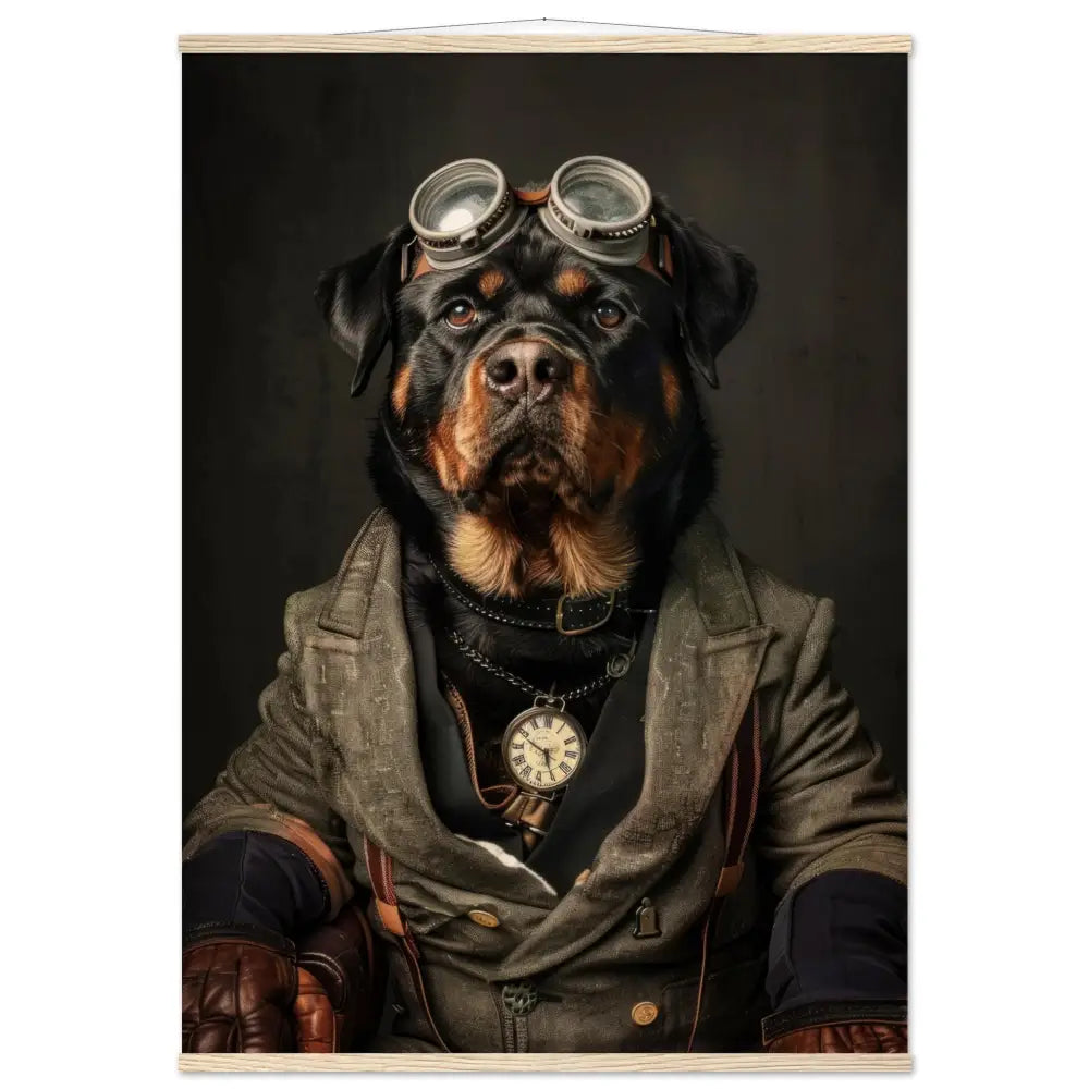 Schulposter Rottweiler-Hund, Steampunk-Stil, antike silberfarbene Uhr, bronzefarbene Brille | St Tropez Art