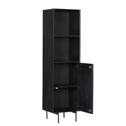Bücherregal - Schwarzes Mangoholz, Vertikale Lamellenfront, Schwarzes Metallgestell, 55 cm – Madison | Starfurn