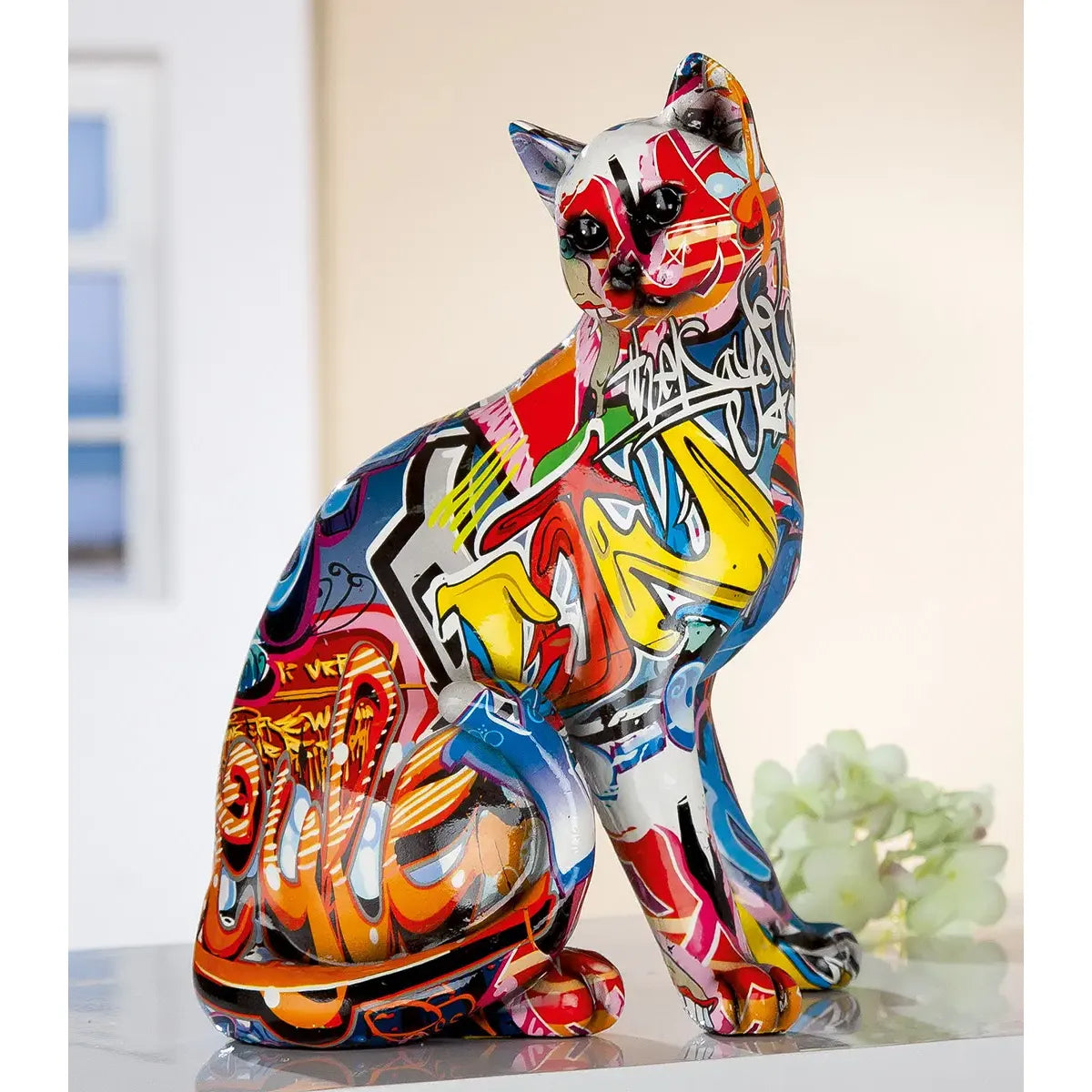 Katzenfigur – Mehrfarbiges Graffiti, Kunstharz, Höhe 29 cm - Street Art | Gilde