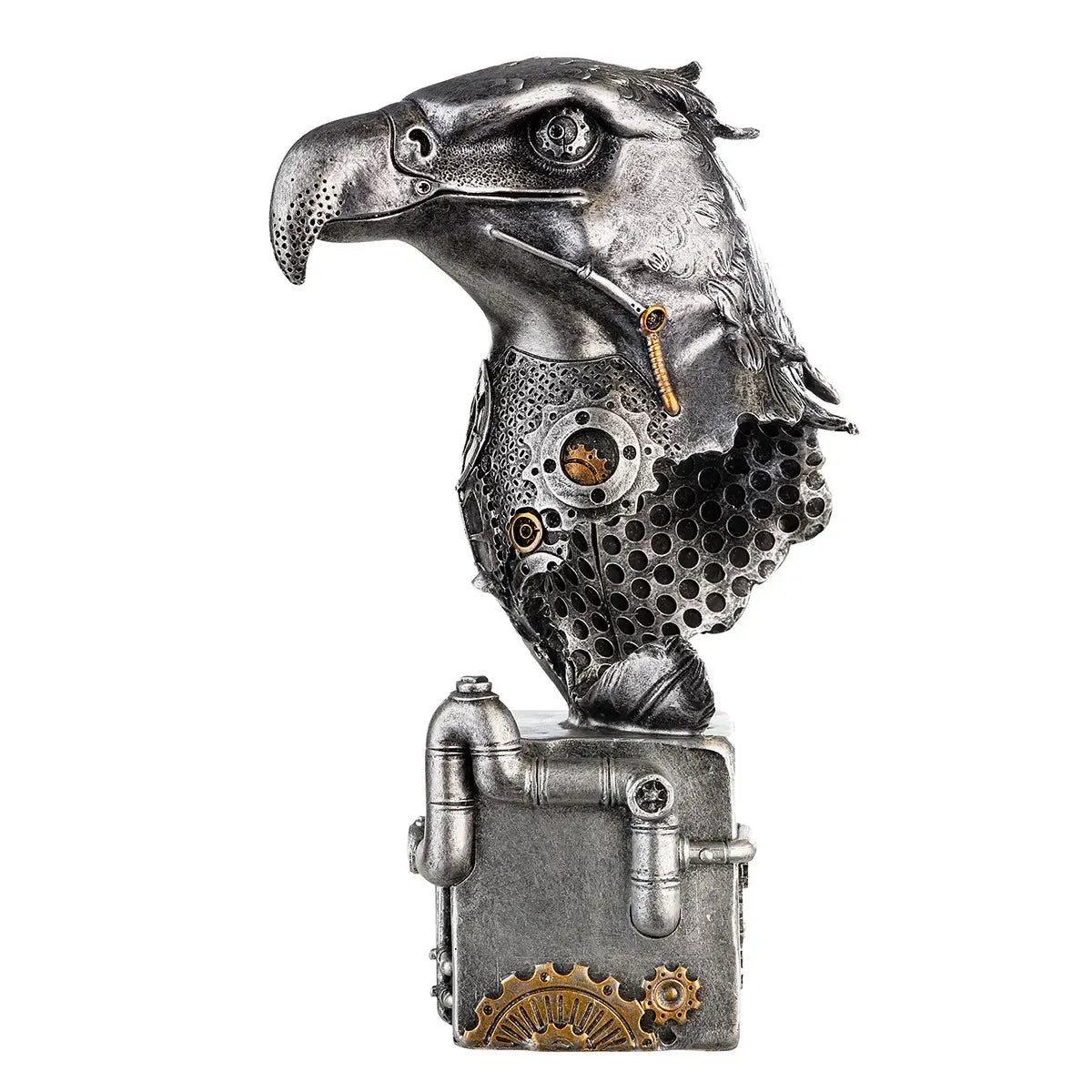 Skulptur – Silberner Vogel, Kupferfarbener Akzent, Höhe 27 cm - Steampunk Eagle | Gilde