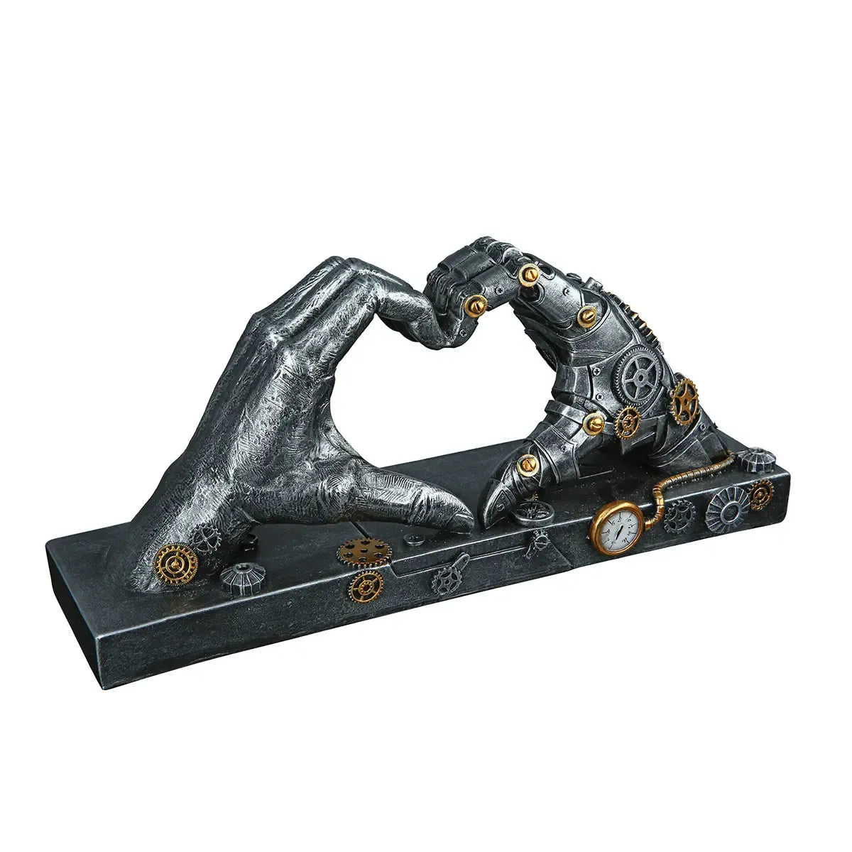 Skulptur – Silbernes Herz, Kupferfarbener Akzent, Höhe 16 cm - Steampunk Hand | Gilde