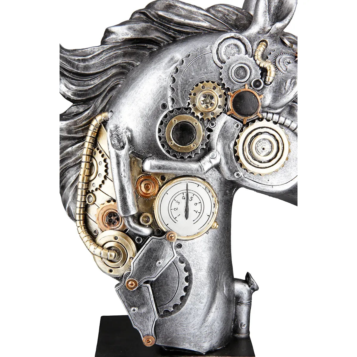 Skulptur – Silbernes Pferd, Schwarzer Akzent, Steampunk Design, 34 cm - Steampunk Horse | Gilde
