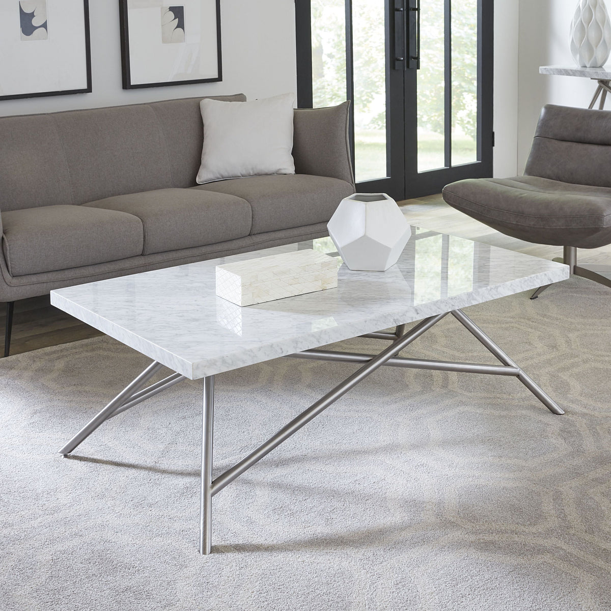 Coffee Table - Carrara Marble Top, Stainless Steel Base, Mitered Edges – Coral | Modus Furniture International
