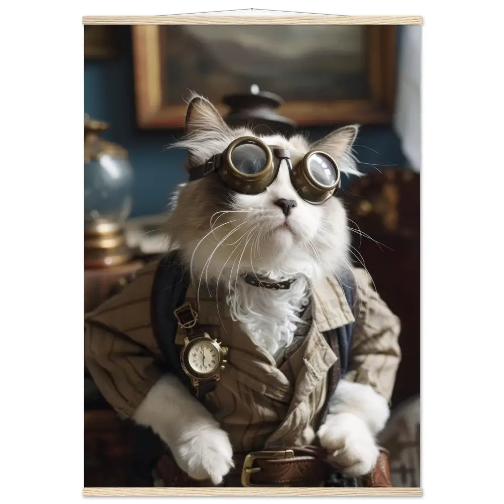 Schulposter - Männliche Australian-Mist-Katze, Steampunk-Stil, antike goldfarbene Uhr, rustikal bronzefarbene Brille | St Tropez Art