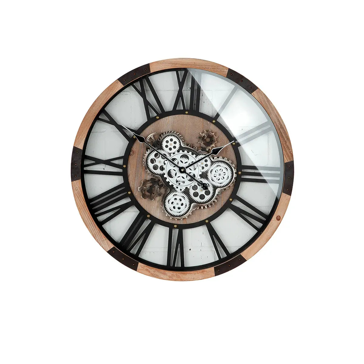 Wanduhr – Natürliches Holz, Schwarzer Stahl, Bewegtes Zahnrad | Gilde