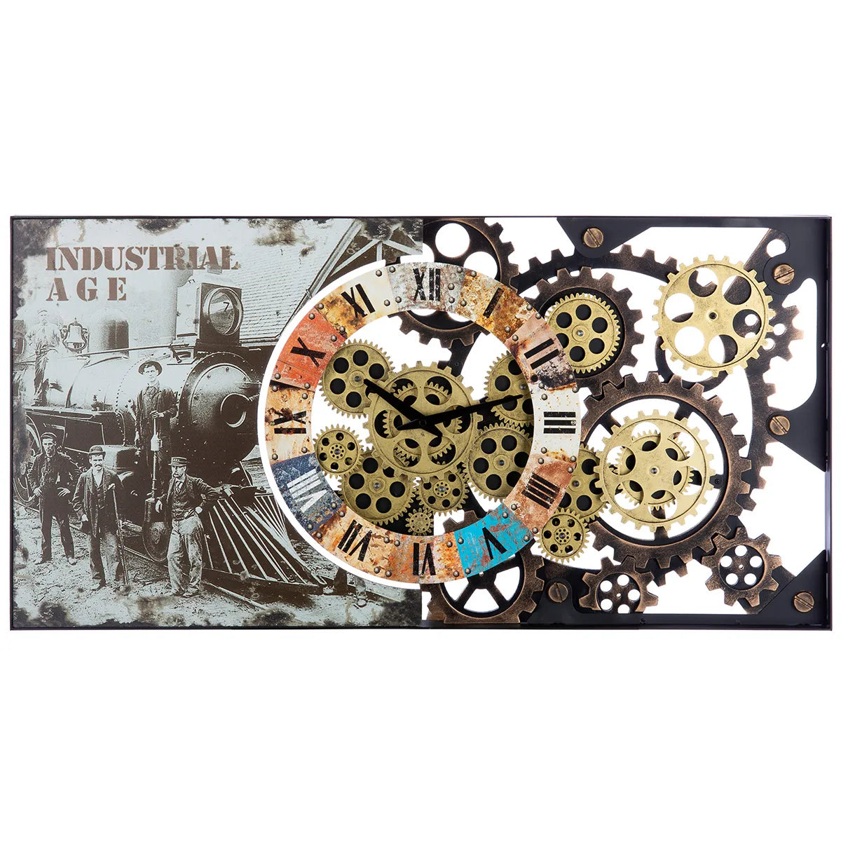 Wanduhr – Rechteckiges Design, Zahnradmotiv, Goldakzente - Industrial | Gilde