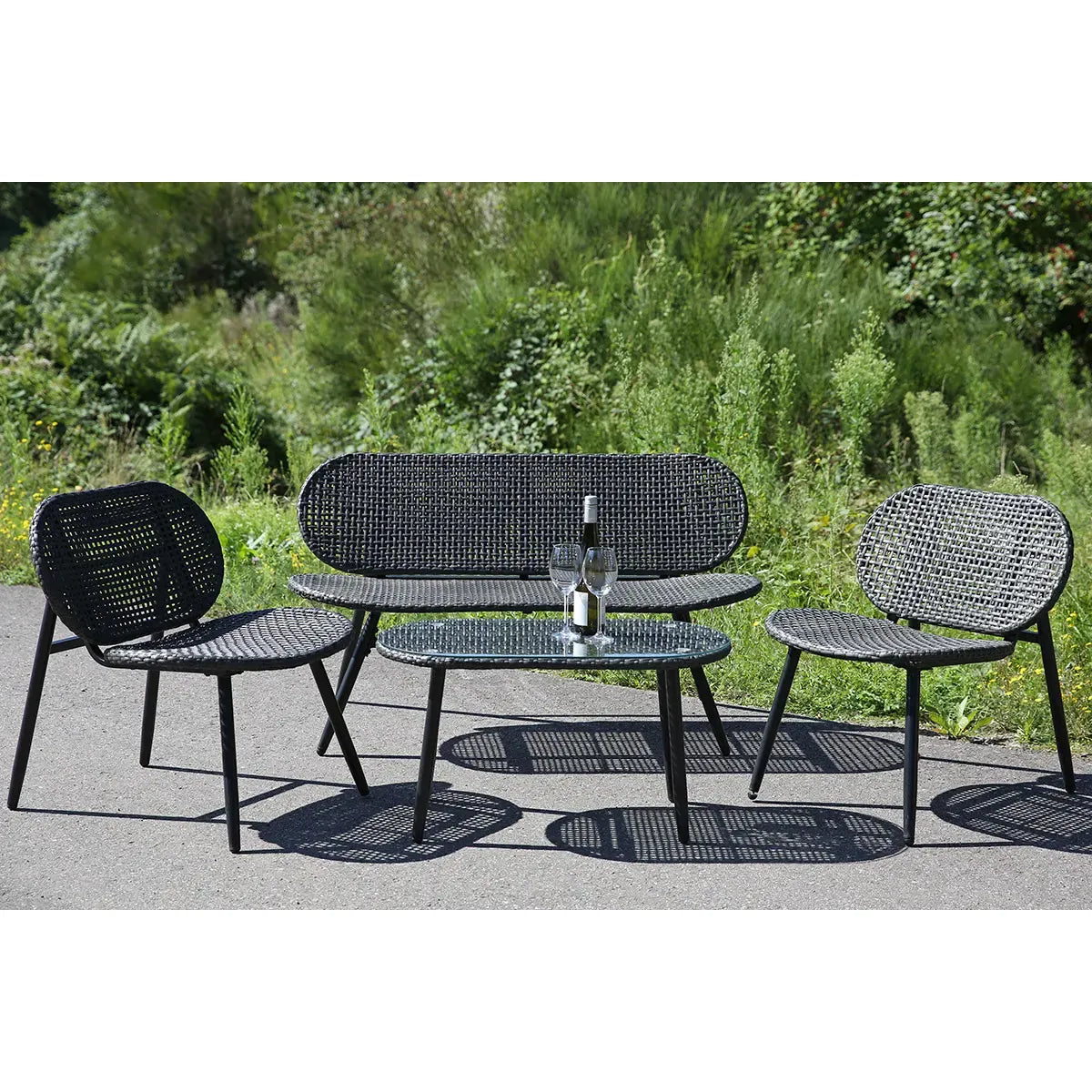 Lounge-Set – Anthrazitfarbenes Polyrattan, Schwarzes Metall, Glasplatte - Cannobio | Gilde