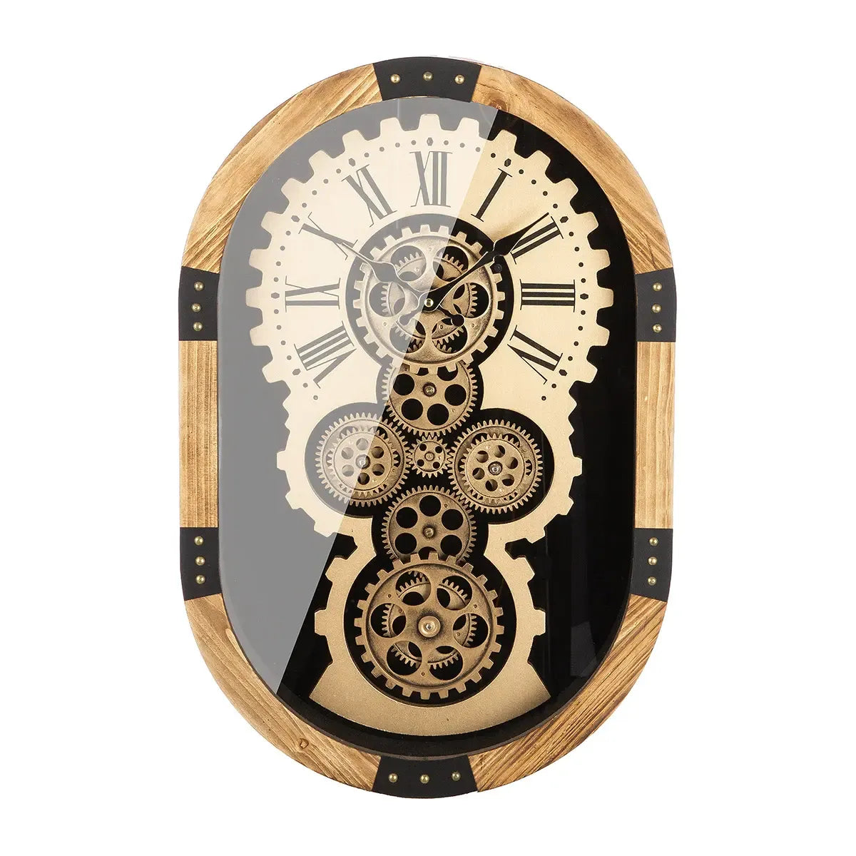 Wanduhr – Goldene Zahnräder, Schwarzes Gehäuse, Ovale Form - Lado | Gilde